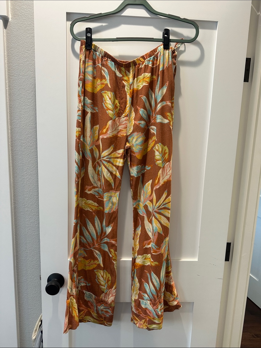 mahina Rust Floral Wide-Leg Pants with Yellow & Teal Leaf Print